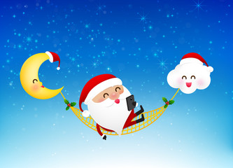 Merry santa claus cartoon holding smartphone on snow bakcground