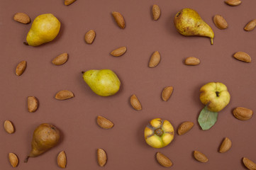 Autumn pear and nut pattern on brown background
