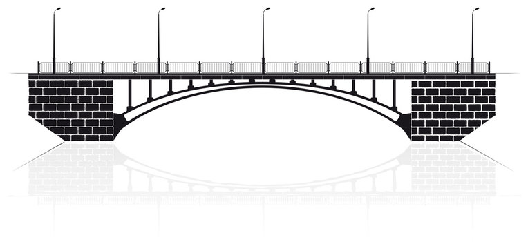 Reinforced concrete arch bridge in Kiev for cars and pedestrians. Black silhouette.