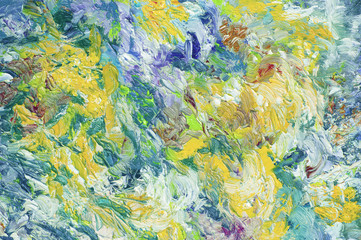 Fototapeta na wymiar Abstract blue yellow oil painting background with brush strokes. Palette knife paint texture. 