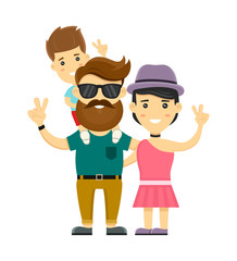 Young hipster happy family. Flat design vector illustration character. Isolated on white background. Mother, father, little son