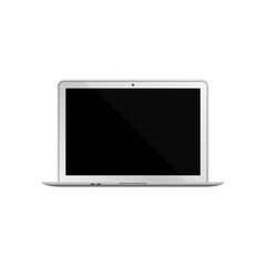 Realistic front side white laptop isolated on white background. Empty home screen. Opened lid.
