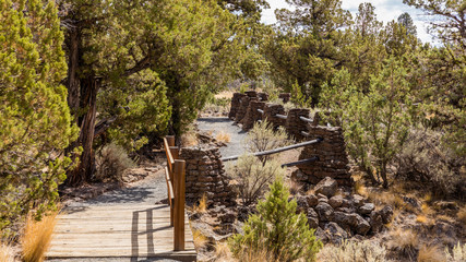 Fototapeta na wymiar Pathway with guard among the dry grass, shrubs and pine trees. Smith Rock state park, Oregon