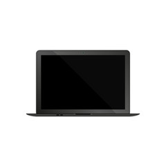 Realistic front side black laptop isolated on white background. Empty home screen. Opened lid.