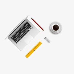 Realistic top view workplace illustration with laptop, ruler, pencil, eraser and cup of coffee.