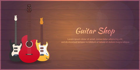 Poster with musical instruments. Guitar shop. Flat design.