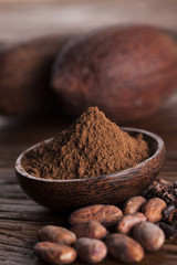 Cacao beans and powder and food dessert background