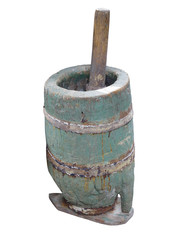 Naklejka premium Old wooden mortar and pestle on white background