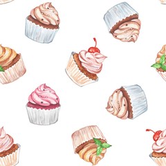 Cupcakes on white. Watercolor pattern. Seamless background 6