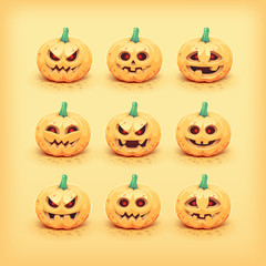 Collection of carved Halloween pumpkin faces. Vector illustration