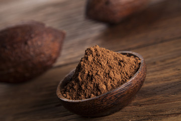 Aromatic cocoa, powder and food dessert background