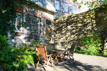 Old courtyard of house in historic center of Tallinn,Estonia at sunny day.