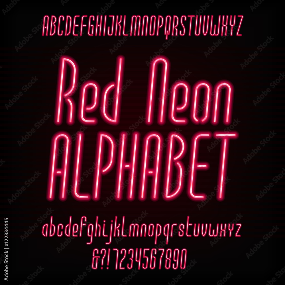 Poster red neon typeface. modern oblique alphabet. uppercase and lowercase letters and numbers. vector font