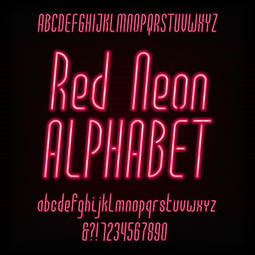 Red neon typeface. Modern oblique alphabet. Uppercase and lowercase letters and numbers. Vector font for your design.