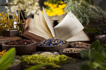 Book and Herbal medicine on wooden table background
