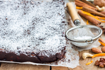 Panforte italian christmas dessert with nuts and candied fruits, horizontal