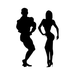 Women and men silhouettes of athletes. Two athletes together. Poses bodybuilders and fitnesbikini.