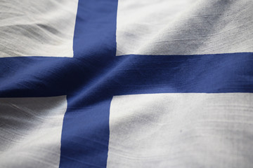 Closeup of Ruffled Finland Flag, Finland Flag Blowing in Wind