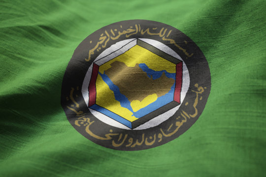 Closeup of Ruffled Gulf Cooperation Council Flag, GCC Flag Blowi