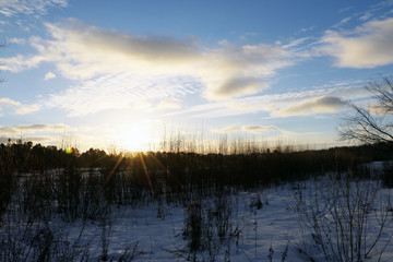 The sunset and the sun Peeps through the trees