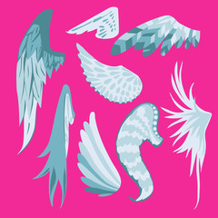 Set Of Beautiful Cute White And Blue Wings On A Pink Background