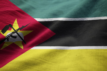 Closeup of Ruffled Mozambique Flag, Mozambique Flag Blowing in W
