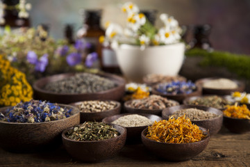 Healing herbs on wooden table, mortar and herbal medicine