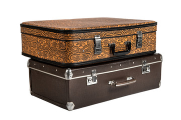 two rarity brown leather suitcase, isolated