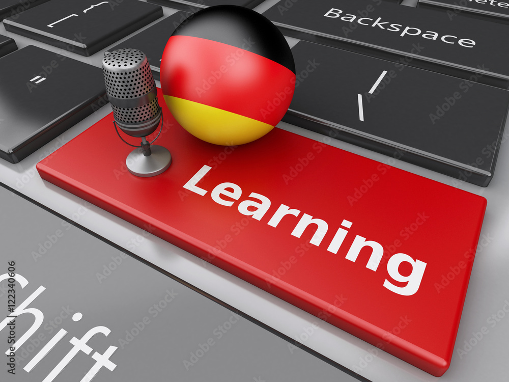 Aufkleber 3d learning germany on computer keyboard with a mic.