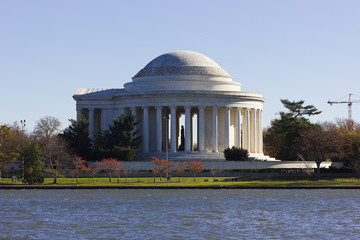 Looking across the Potomac River Tidal Basin towards the classical presidential memorial, the Thomas Jefferson Memorial, West Potomac Park, Washington DC