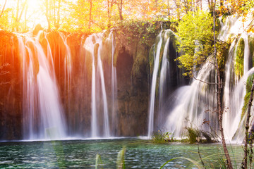 Colorful autumn and waterfall in the Plitvice Lakes National Par