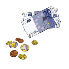 Euro Scheine Münzen - handgezeichnet Illustration - comic