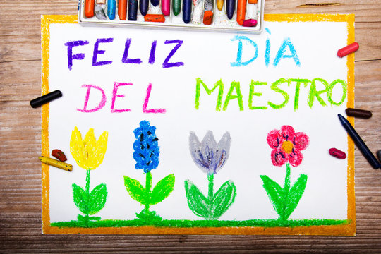 Colorful Drawing - Spanish Teacher's Day Card With Words 