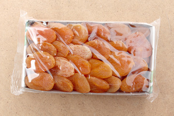 dried apricots on plastic packaging