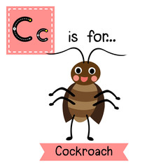 C letter tracing. Happy standing Cockroach. Cute children zoo alphabet flash card. Funny cartoon animal. Kids abc education. Learning English vocabulary. Vector illustration.