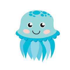 Cute happy jellyfish cartoon character sea animal vector illustration.