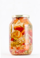 Fototapeta na wymiar Mixed pickled vegetables in glass jar