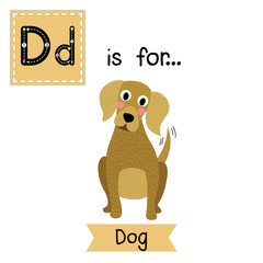 D letter tracing. Sitting Dog. Cute children zoo alphabet flash card. Funny cartoon animal. Kids abc education. Learning English vocabulary. Vector illustration.