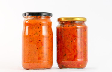 Traditional Macedonian food. Ajvar and lutenitza in jar . homemade product