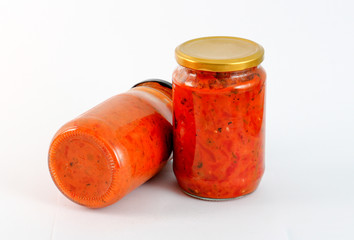 Traditional Macedonian food. Ajvar and lutenitza in jar . homemade product