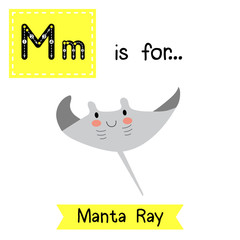 M letter tracing. Manta ray. Cute children zoo alphabet flash card. Funny cartoon animal. Kids abc education. Learning English vocabulary. Vector illustration.