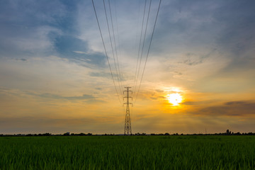 Silhouettes Electricity transmission line and tower during sunset
