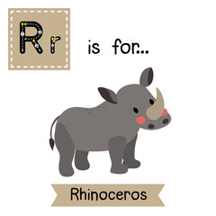 R letter tracing. Standing Rhinoceros. Cute children zoo alphabet flash card. Funny cartoon animal. Kids abc education. Learning English vocabulary. Vector illustration.