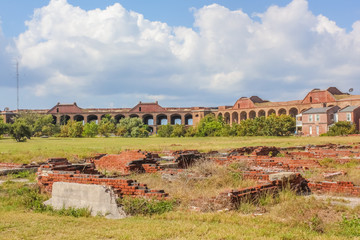 Interior wall, harbor light and parade ground in the large inner courtyard of Fort Jefferson, a...