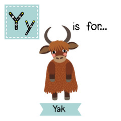 Y letter tracing. Yak standing on two legs. Cute children zoo alphabet flash card. Funny cartoon animal. Kids abc education. Learning English vocabulary. Vector illustration.