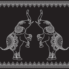 Two elephants standing up with seamless line lace borders in ethnic mehndi Indian henna style.