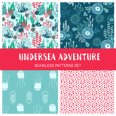 Vector set of hand drawn underwater seamless pattern with seaweeds jellyfish and other sea plants and habitants