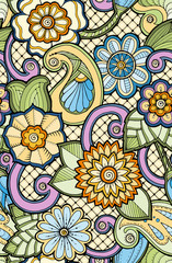 Seamless ornamental colorful pattern with stylized abstract flowers.