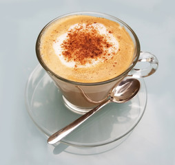 Delicious cappuccino cup with cream froth and cinnamon 