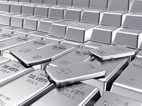 Rows of ingots and flat silver bars. Business and financial background. 3D illustration